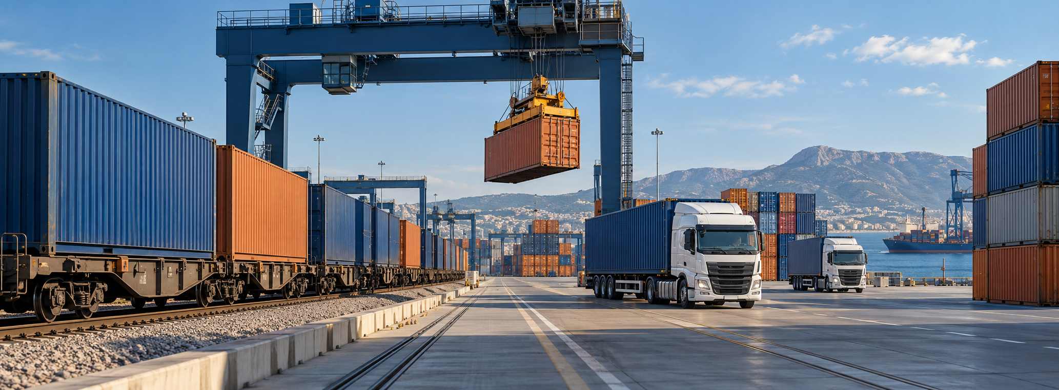 Unbranded containers transferring between rail and road transport at a modern terminal